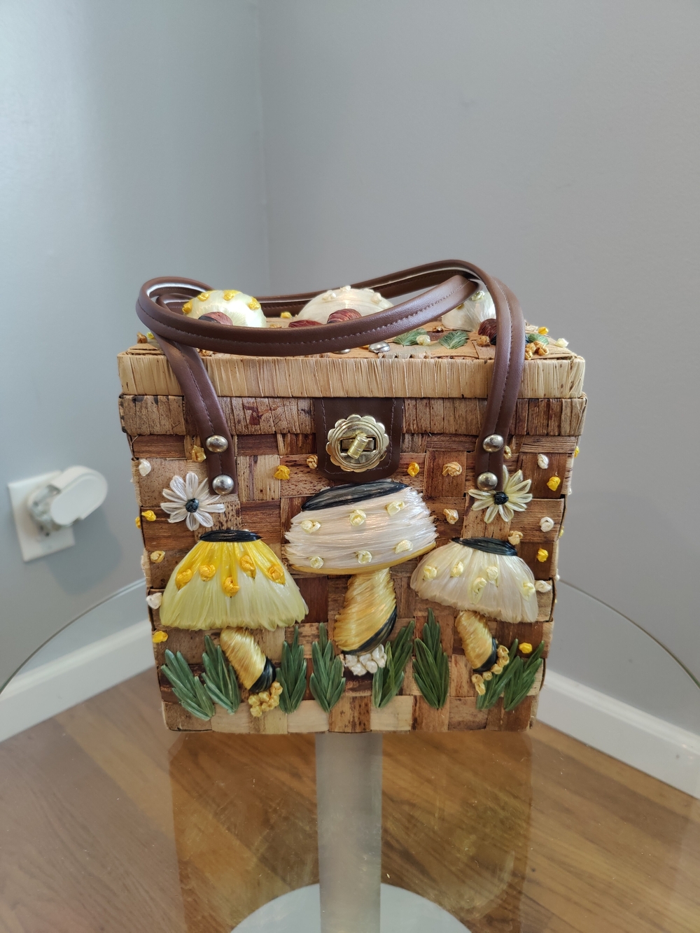 Vintage Wicker Mushroom Embellished Straw Box Bag - Brown